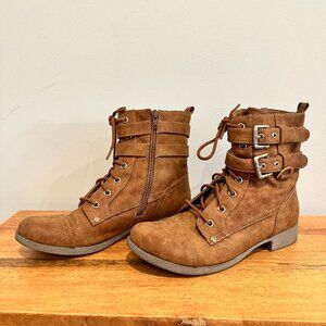 G by Guess, Tan Combat Lace Up and Zipper Suede Boots, Size 8M